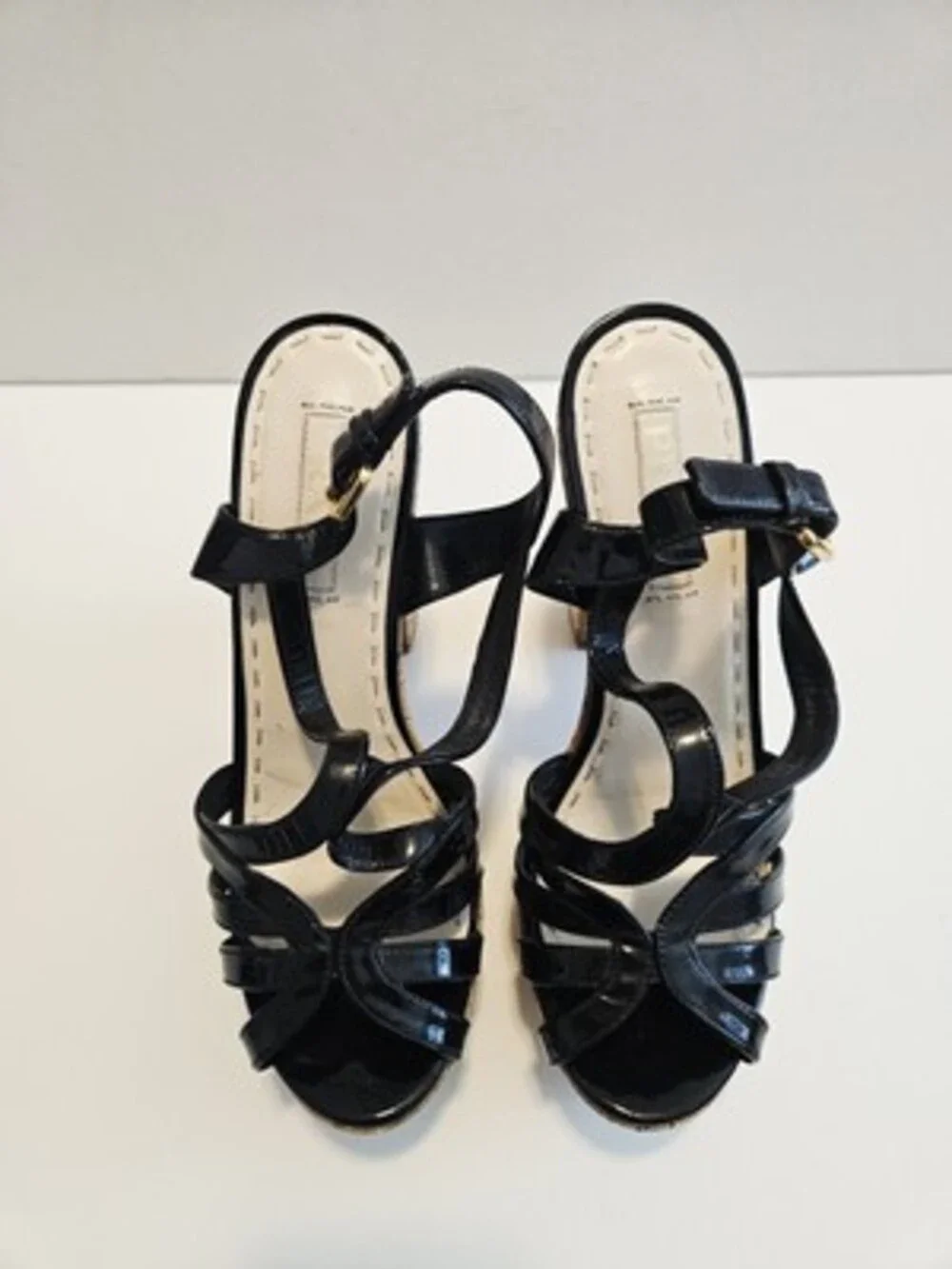 PRADA Milano Black Patent Leather Cork Platform Block US9/UK39 Heels Slingback